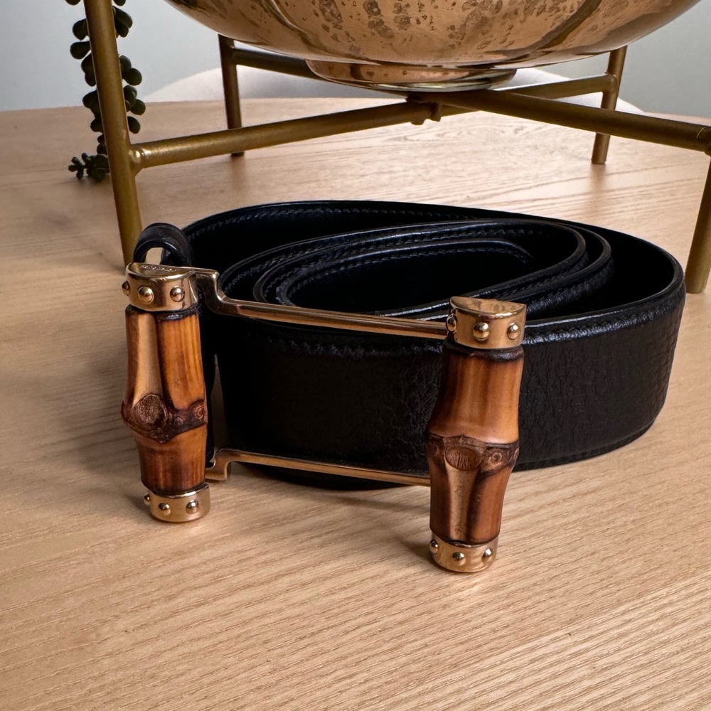 Black leather Gucci belt with bamboo buckle